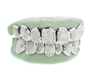 16 Teeth White Gold W/DIamond Dust & Solid Outline Grill Top & Bottom