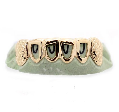 6 Teeth Yellow Gold Open Face W/Diamond Cut Fangz Grill