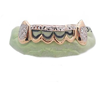 6 Teeth Yellow Gold W/Open Face & White Gold Diamond Cut Fangz/Top Bar